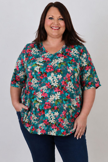 Plus Size V Neck Stretch Top In Blossoms On Turquoise