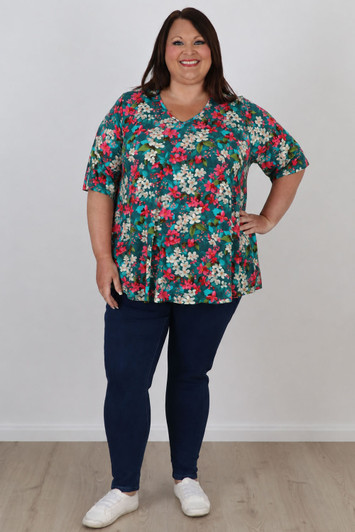 Plus Size V Neck Stretch Top In Blossoms On Turquoise