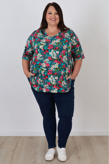Plus Size V Neck Stretch Top In Blossoms On Turquoise