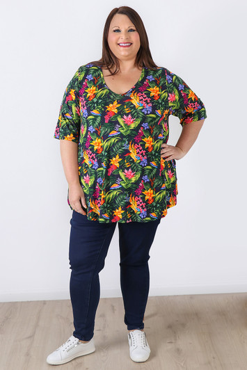 Plus Size V Neck Stretch Top In Tropical Blooms by Curvaceous