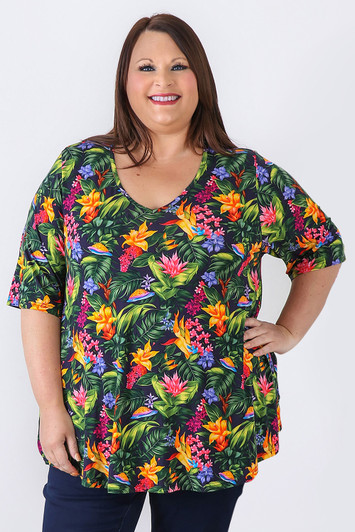 Plus Size V Neck Stretch Top In Tropical Blooms