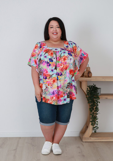 Plus Size Square Neck Short Sleeve Top In Colourful Floral 