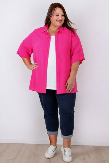 Textured Cotton Short Sleeve Hot Pink Shirt