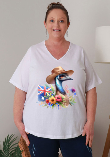 Plus Size 2nds Patriotic Emu V Neck Tee In White Size 18