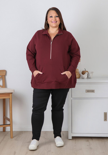 Plus Size Burgundy Stretch Cotton Zip Neck Jumper
