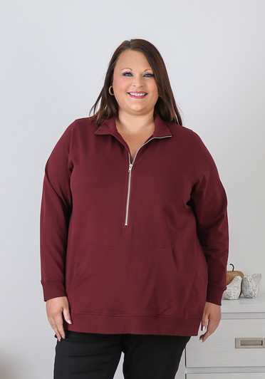 Plus Size Burgundy Stretch Cotton Zip Neck Jumper
