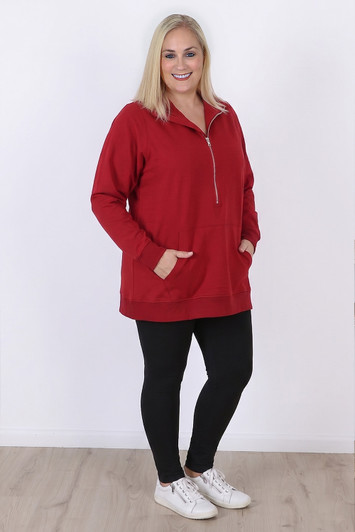 Plus Size Claret Stretch Cotton Zip Neck Jumper Sizes 18 to 32