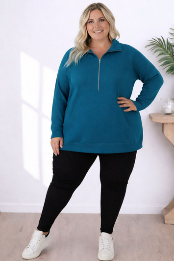 Teal Half Zip Cotton Pullover