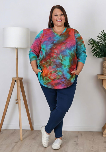 Plus Size Multicolour Knit Top With Orange Accents