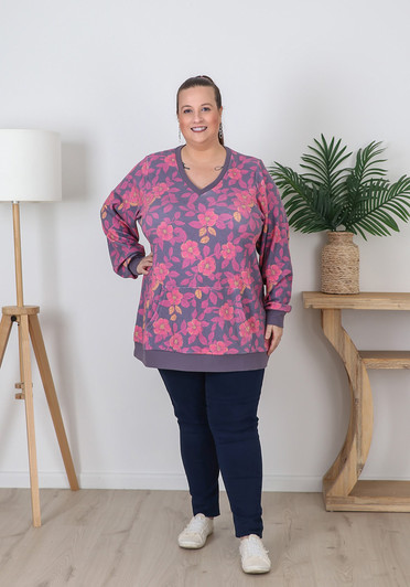 Plus Size Long Sleeve Waffle Top In Pink Floral