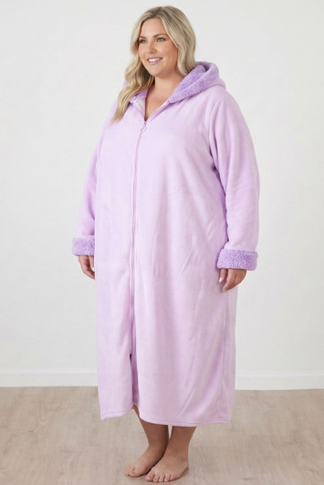 Plus Size Zip Up Soft Dressing Gown In Lilac