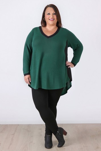 Plus Size Deep Green and Black Two Tone Swing Top