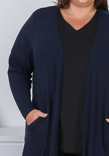 Plus Size Navy Long Layer Cardigan with Pockets