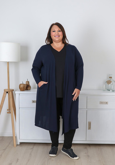 Plus Size Navy Long Layer Cardigan with Pockets