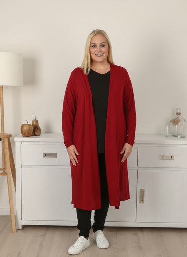 Plus Size Red Long Layer Cardigan with Pockets 