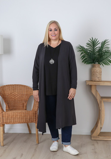 Plus Size Grey Long Layer Cardigan with Pockets