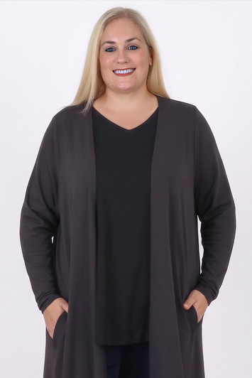 Plus Size Grey Long Layer Cardigan with Pockets