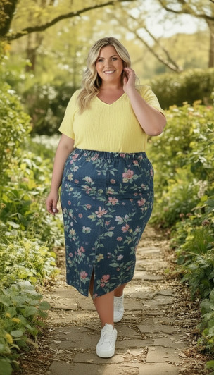 Plus Size Floral Denim Straight Skirt