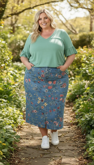 Light Blue Floral Denim Stretch Skirt  