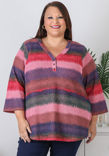Plus Size Textured Pink Blended Stripe Casual Top