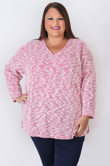Plus Size Pink White Casual Long Sleeve Top