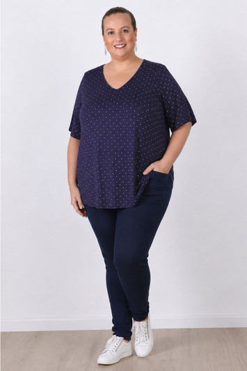 Plus Size Navy Polka Dot Stretch Rayon Top