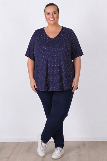 Plus Size Navy Polka Dot Stretch Rayon Top