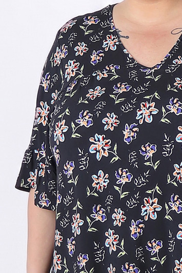 Plus Size Purple And Coral Floral Top With Ruffled Sleeve