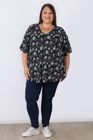 Plus Size Lilac And Green Bloom Ruffle Sleeve Top by Curvaceous