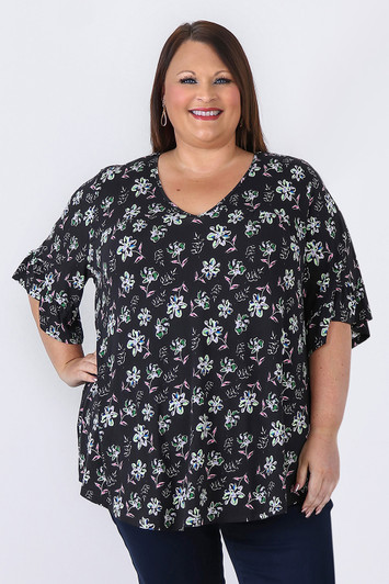 Plus Size Lilac And Green Bloom Ruffle Sleeve Top