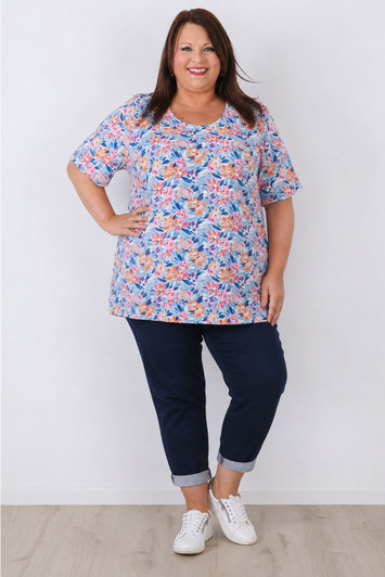 Plus Size Blue And Coral Floral Relaxed Fit Top 
