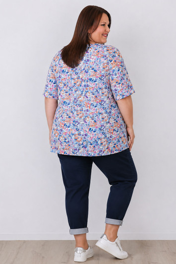 Plus Size Blue And Coral Floral Relaxed Fit Top 