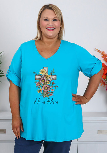 Plus Size Easter He Is Risen Aqua Tee