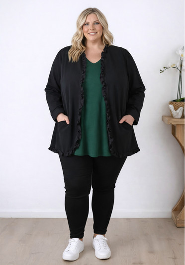 Plus Size Frill Front Black Denim Jacket