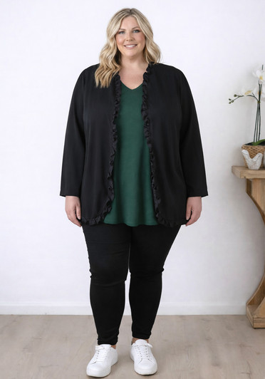 Plus Size Frill Front Black Denim Jacket