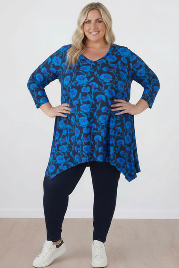 Plus Size  Blue Floral Hanky Hem Tunic - Curvaceous 