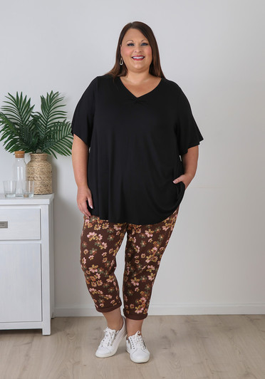 Plus Size Mocha Floral Stretch Cotton Track Pant