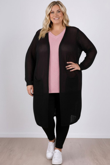 Plus Size Black Cotton Crochet Long Cardigan