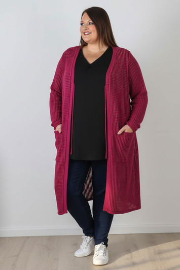 Plus Size Berry Cotton Crochet Long Cardigan