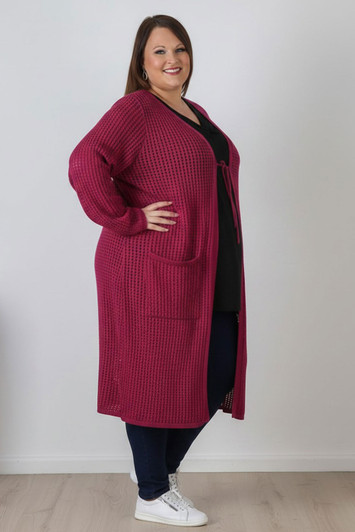 Plus Size Berry Cotton Crochet Long Cardigan
