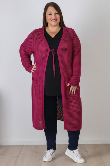 Plus Size Berry Cotton Crochet Long Cardigan