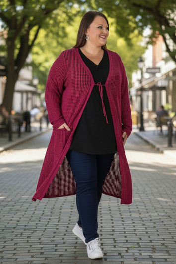 Plus Size Berry Cotton Crochet Long Cardigan