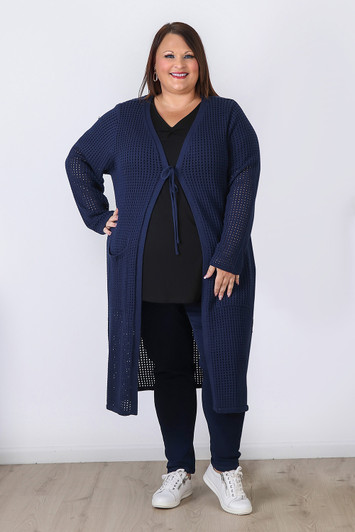 Plus Size Navy Cotton Crochet Long Cardigan