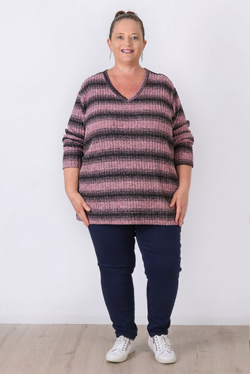 Plus Size Pink Black Stripe Ribbed Top - Curvaceous