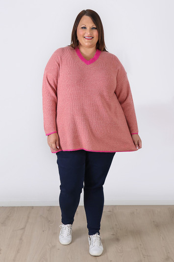 Plus Size Peachy Pink V Neck Knit Jumper - Curvaceous