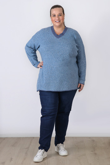 Plus Size Light Blue V Neck Knit Jumper - Curvaceous 