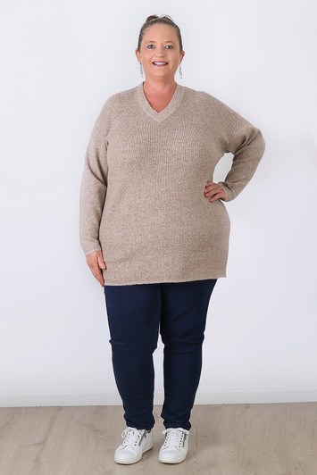 Plus Size Oatmeal V Neck Knit Jumper - Curvaceous