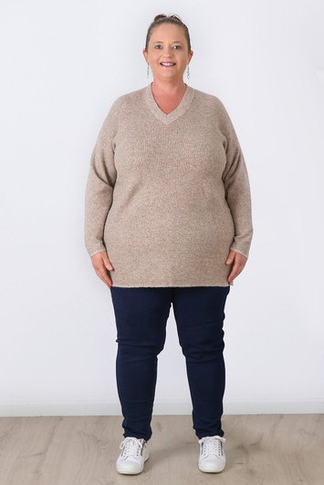 Plus Size Oatmeal V Neck Knit Jumper Sizes 18 to 32