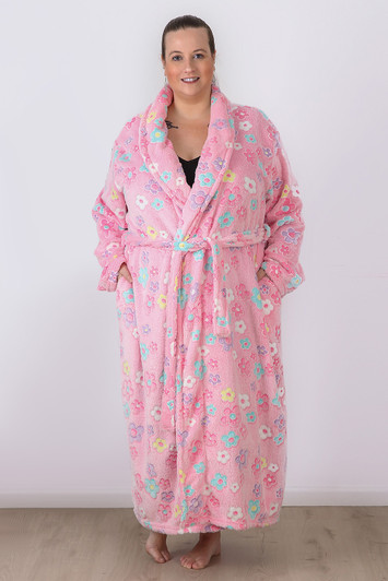 Plus Size Cosy Nights Happy Floral Dressing Gown Pink
