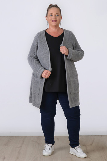 Plus Size Grey 100% Cotton Knit Open Cardigan